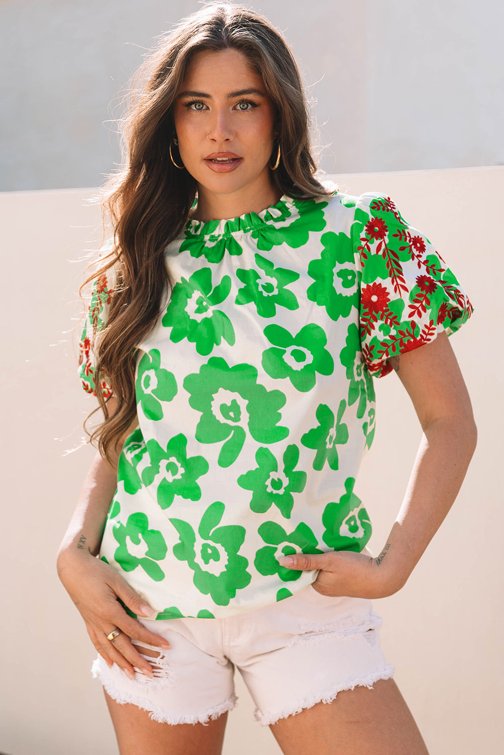 Green Contrast Embroidered Floral Blouse