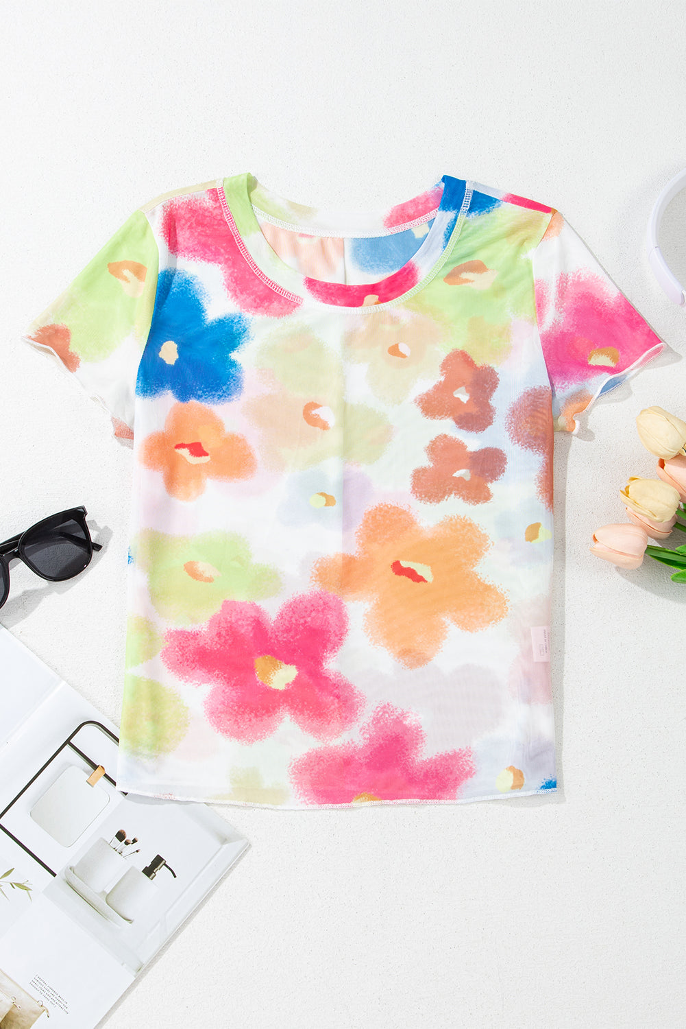 Cute Floral Mesh Lettuce Trim Cropped T Shirt