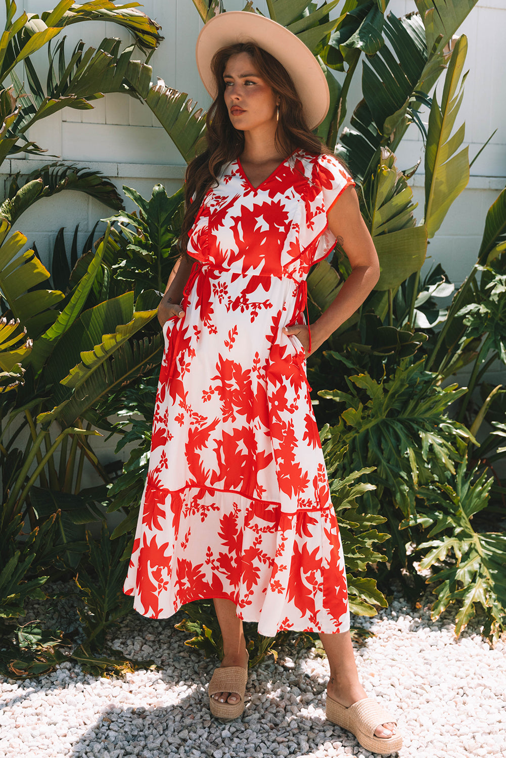Floral-Print Ruffle Trimmed V-Neck Sleeve Long Dress