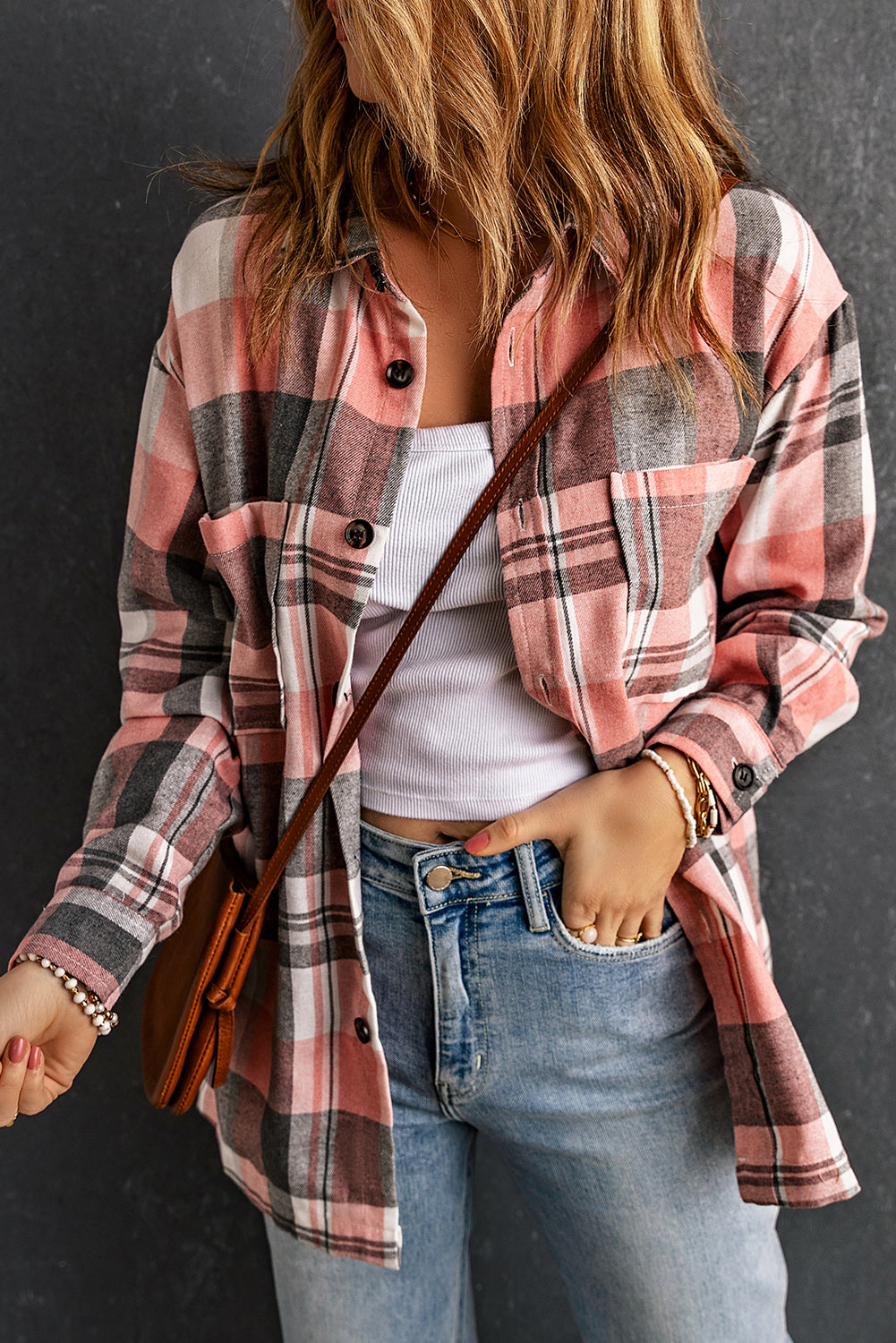 Women's Shacket with Pocket Shirt Plaid Button Up Patch