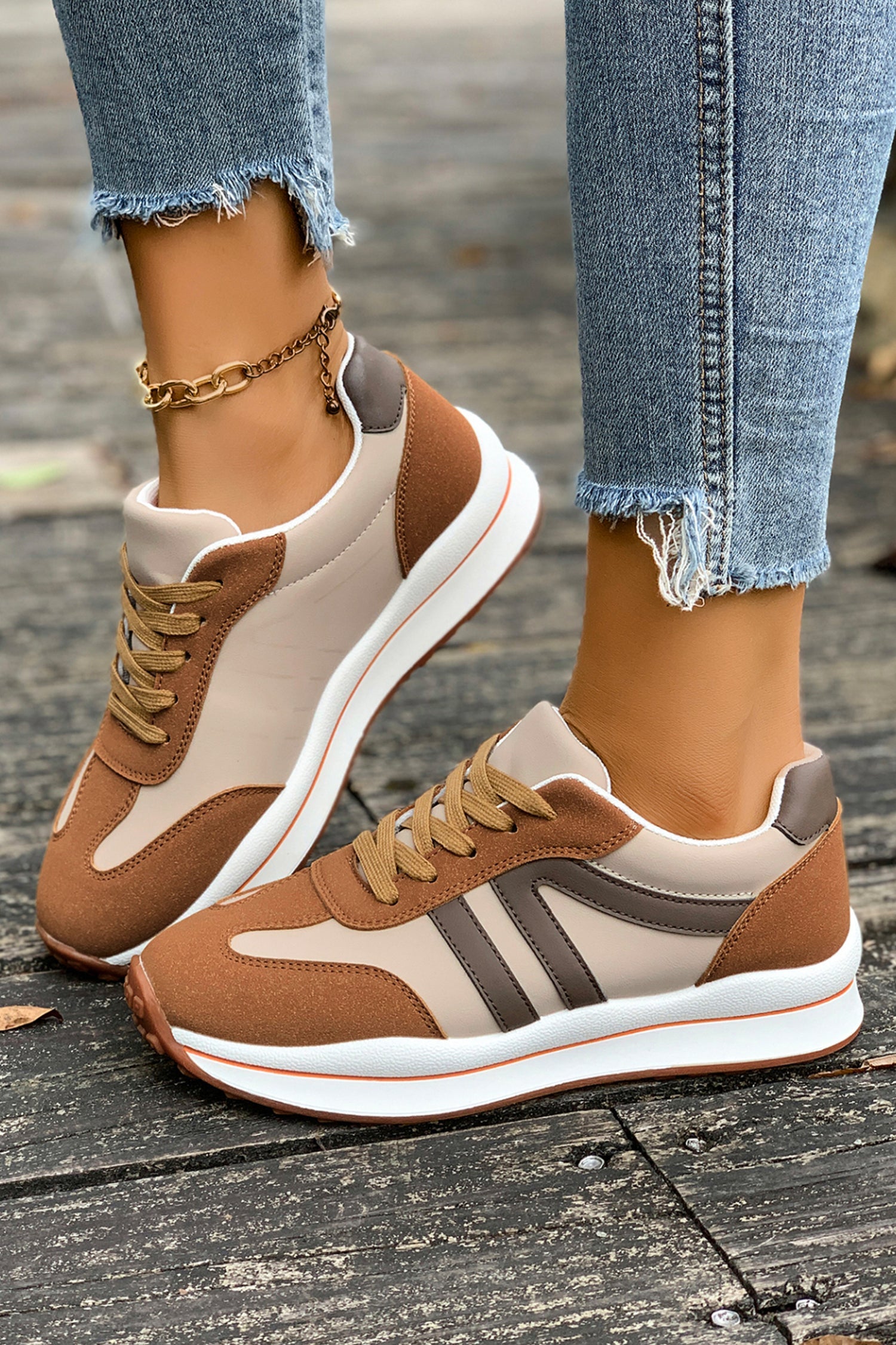 Patchwork Varsity Colorblock Lace-up Leather Sneakers in Brown