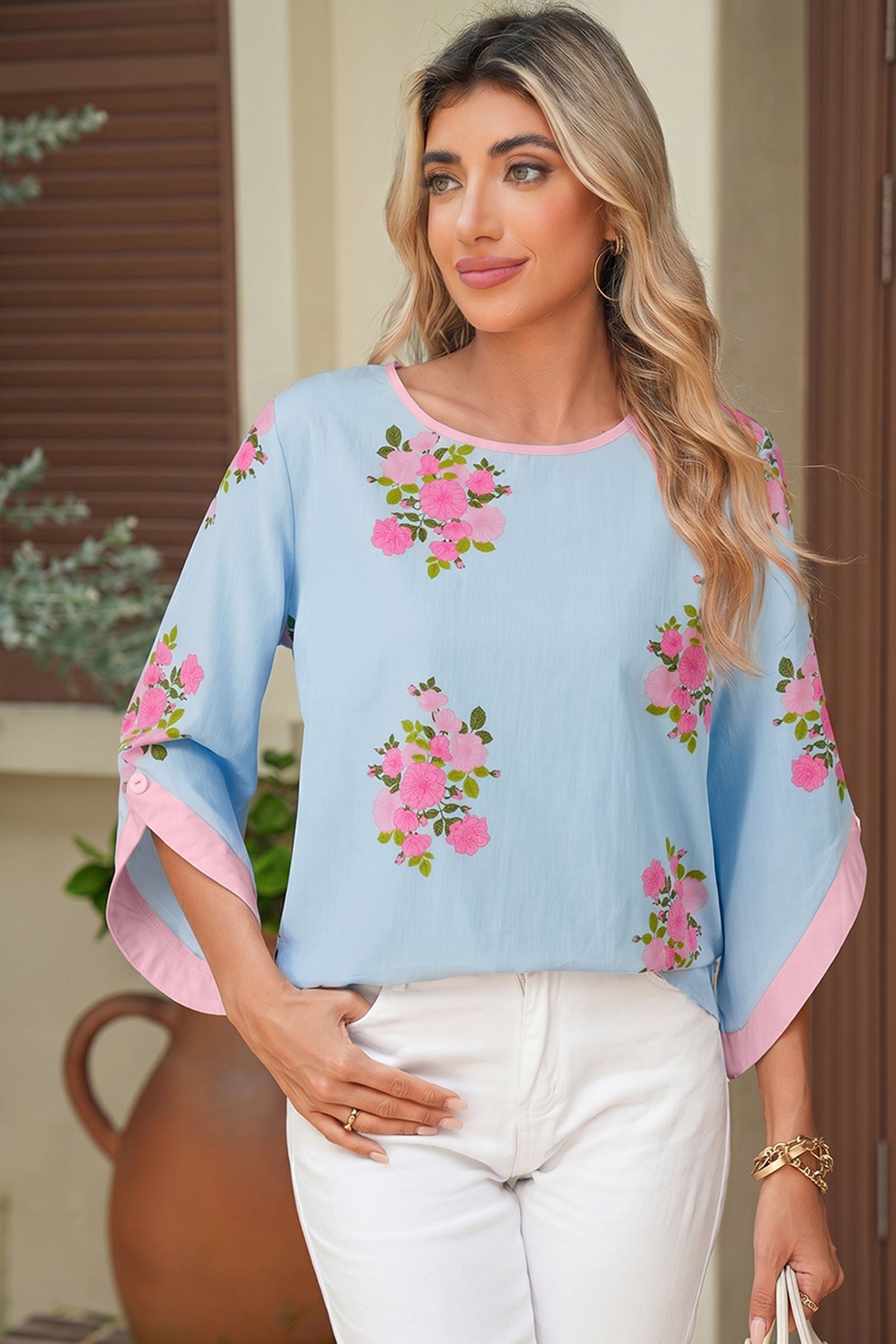 Floral-Print Button Cuffed 3/4 Sleeve Round-Neck Blouse in Sky Blue