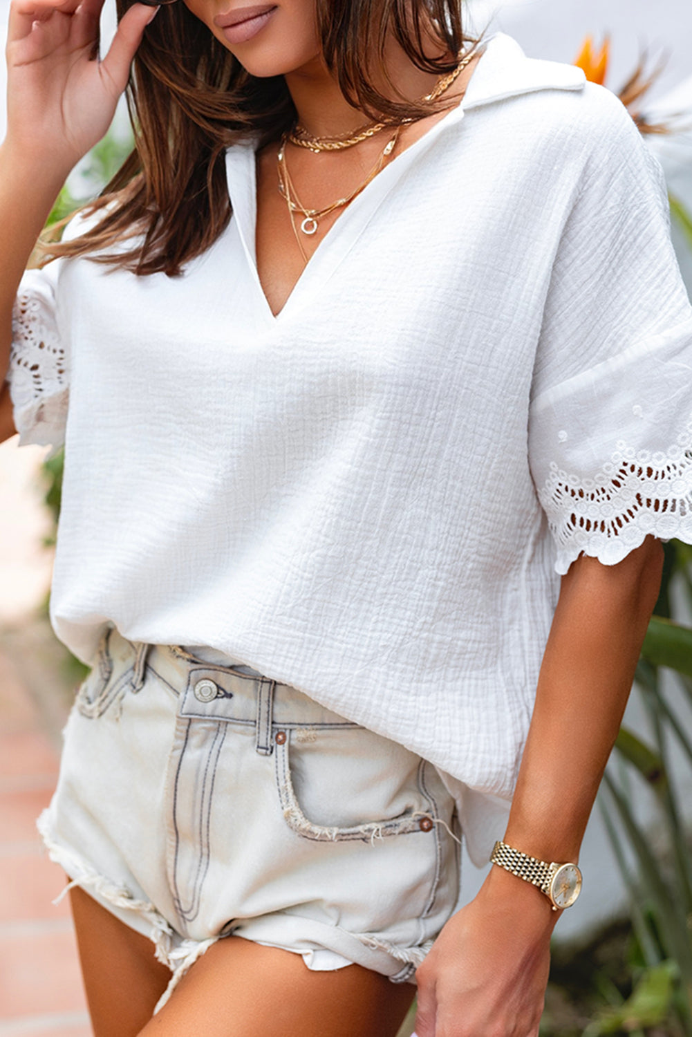 Blouse for Women Collared V Neck Crinkled Lace-Trimmed