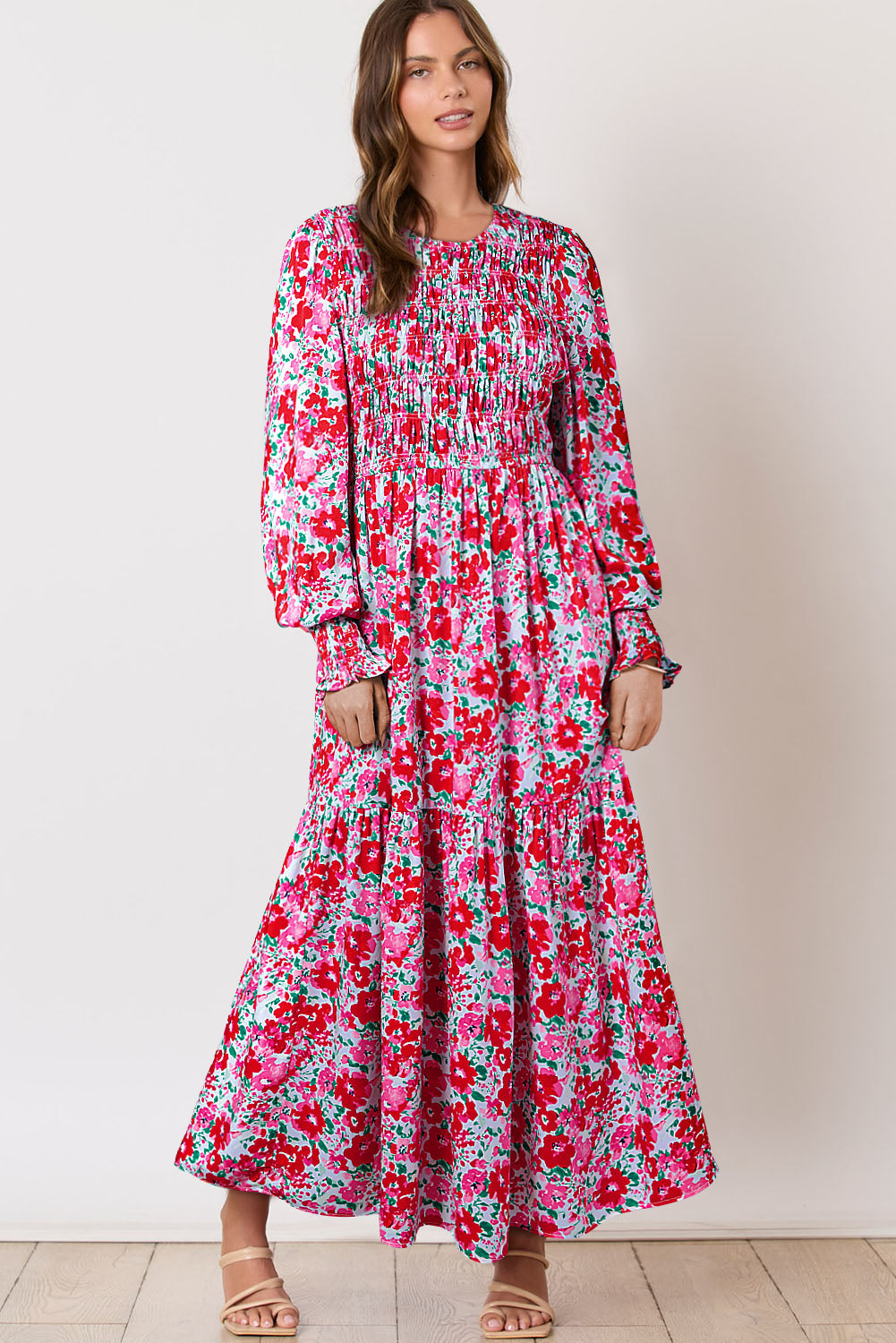 Floral Print Smocked Lantern Sleeve Tiered Maxi Dress