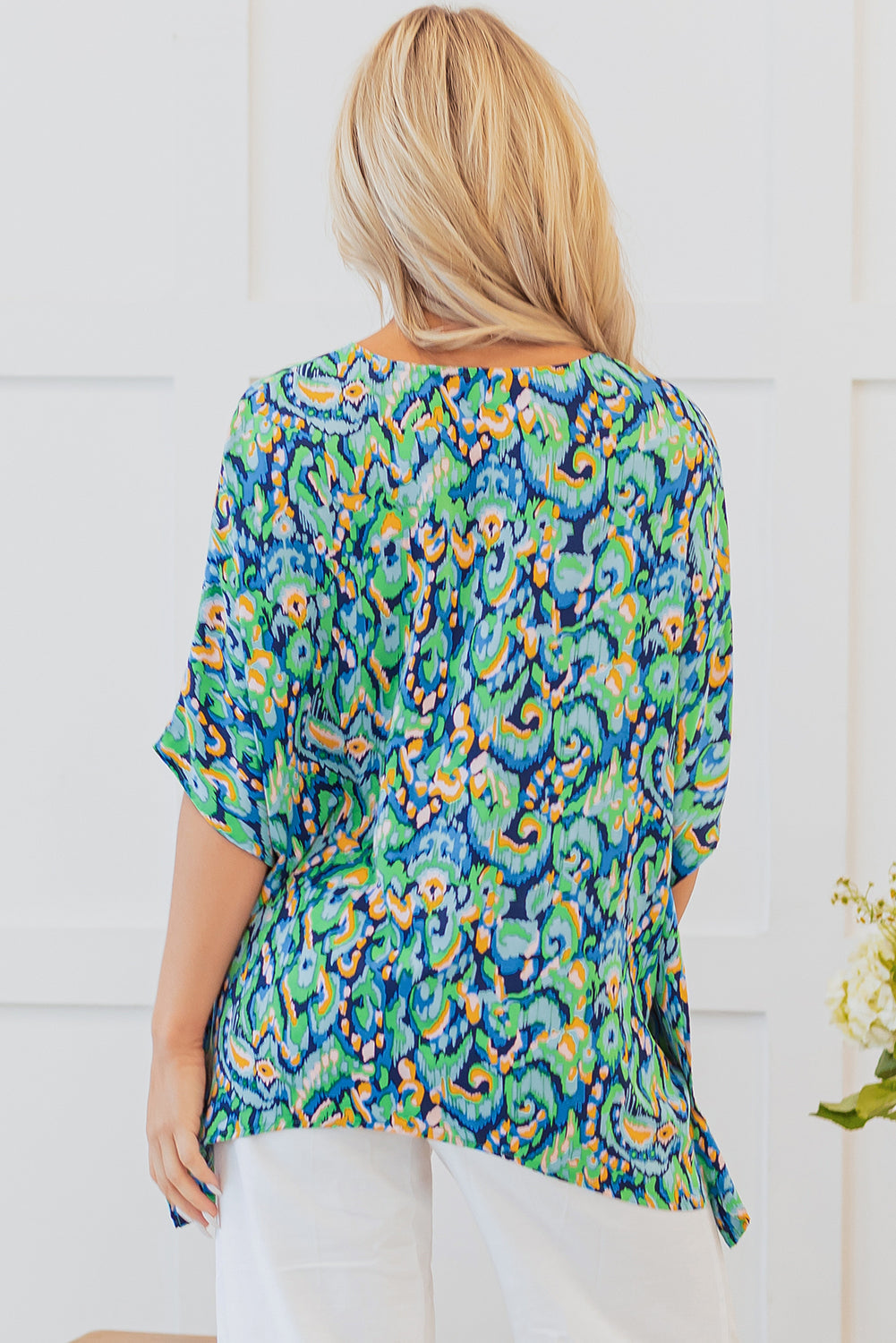 Abstract Print V Neck Half Sleeve Loose Fit Tunic Blouse