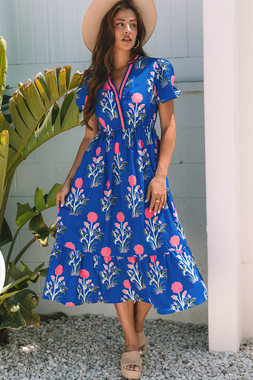 Short-Sleeved Floral Puff Maxi Dress in Blue