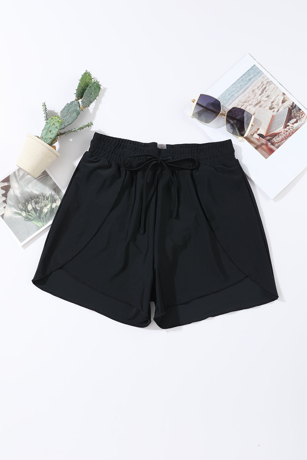 Solid 2-in-1 Drawcord Elastic Waist Swim Shorts in Black