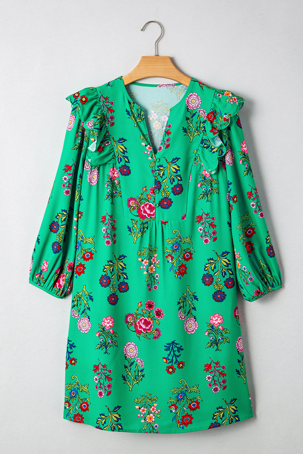 Floral Ruffled Three Quarter Sleeve Button-Front Mini Dress