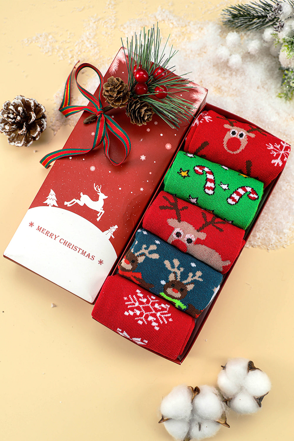 5 Cartoon Pairs/Set Christmas Elk Soft Socks Set with Box