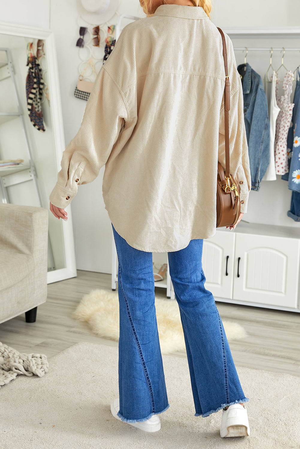 Women's Button Pocke Beige Cord T Shirt