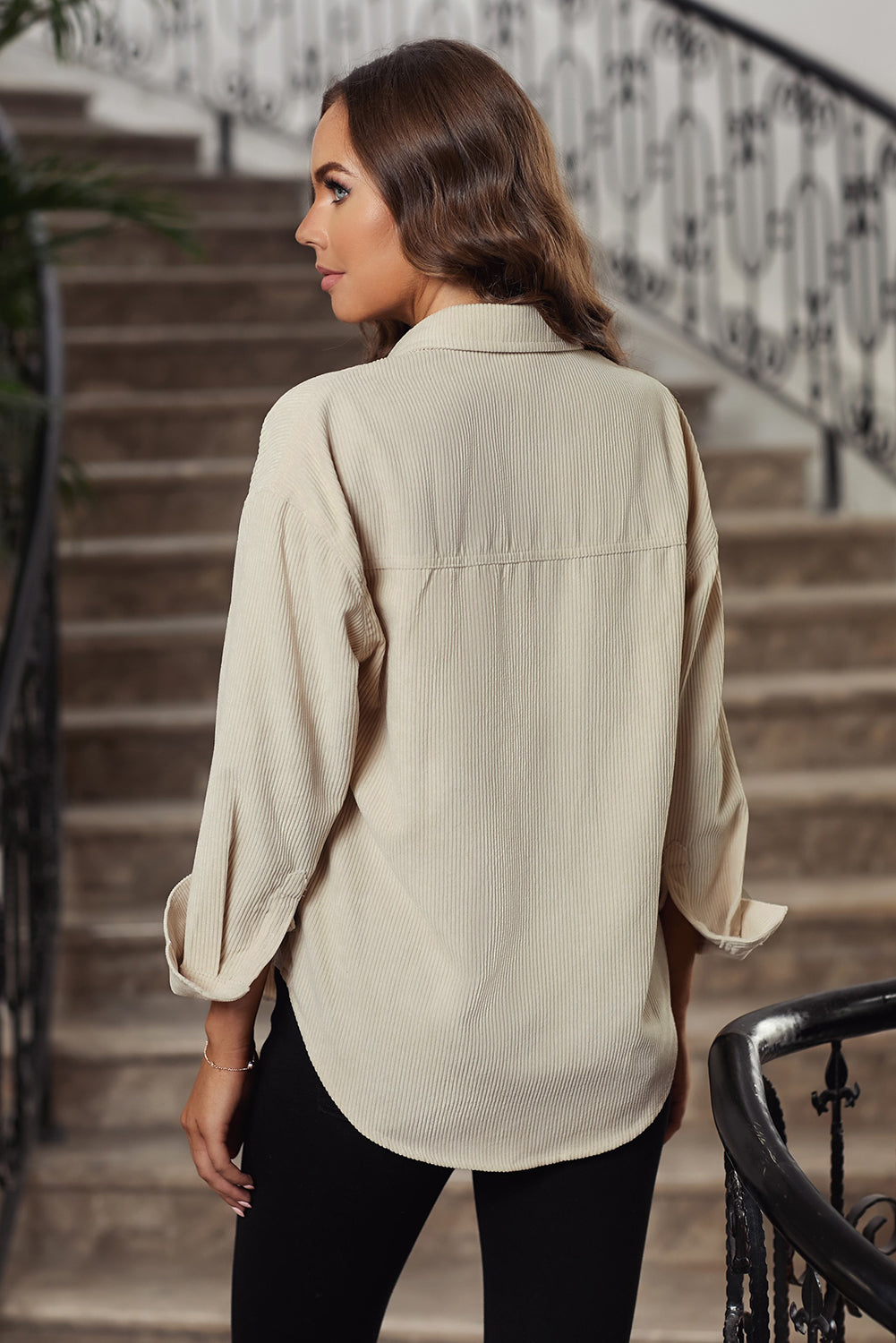 Women's Button Pocke Beige Cord T Shirt