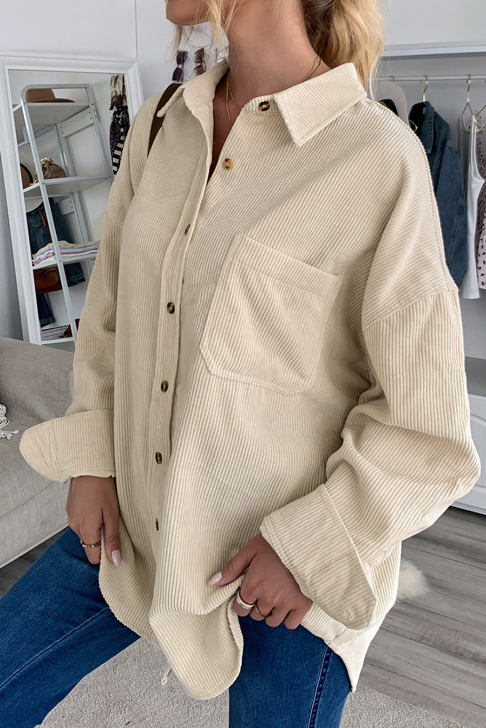 Women's Button Pocke Beige Cord T Shirt