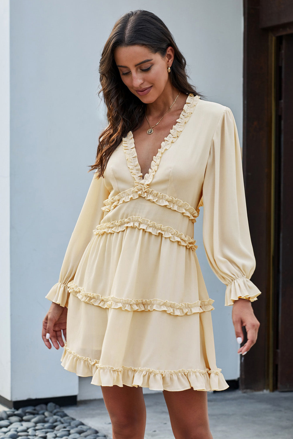 Women's Dress Featuring Beige V Neck Ruffle-Trimmed Detailing Open-Back Long-Sleeve