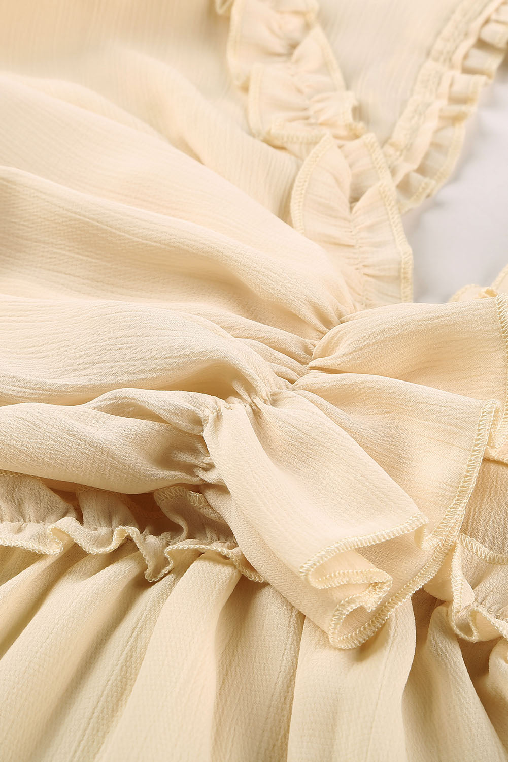 Women's Dress Featuring Beige V Neck Ruffle-Trimmed Detailing Open-Back Long-Sleeve