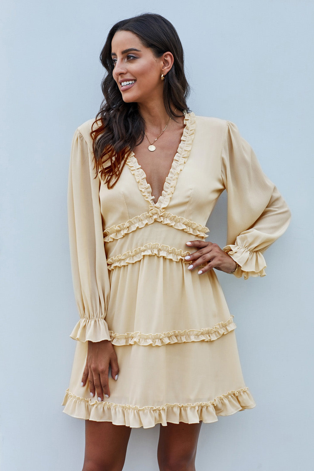 Women's Dress Featuring Beige V Neck Ruffle-Trimmed Detailing Open-Back Long-Sleeve