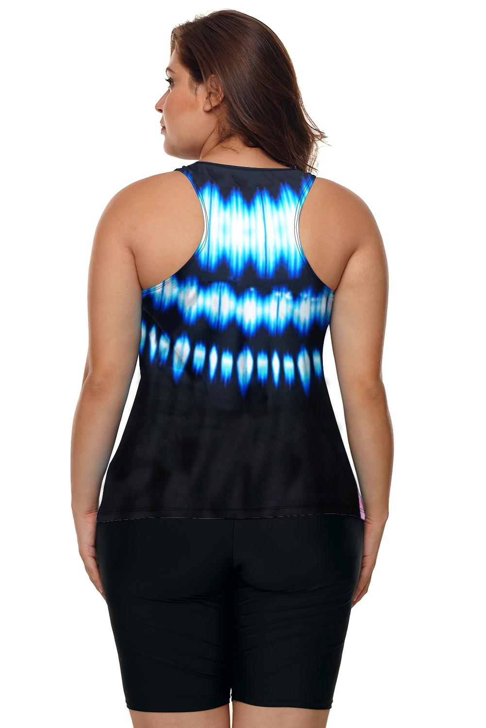 Women's Tankini Swimsuit Featuring Black Blue Ombre Print Racerback