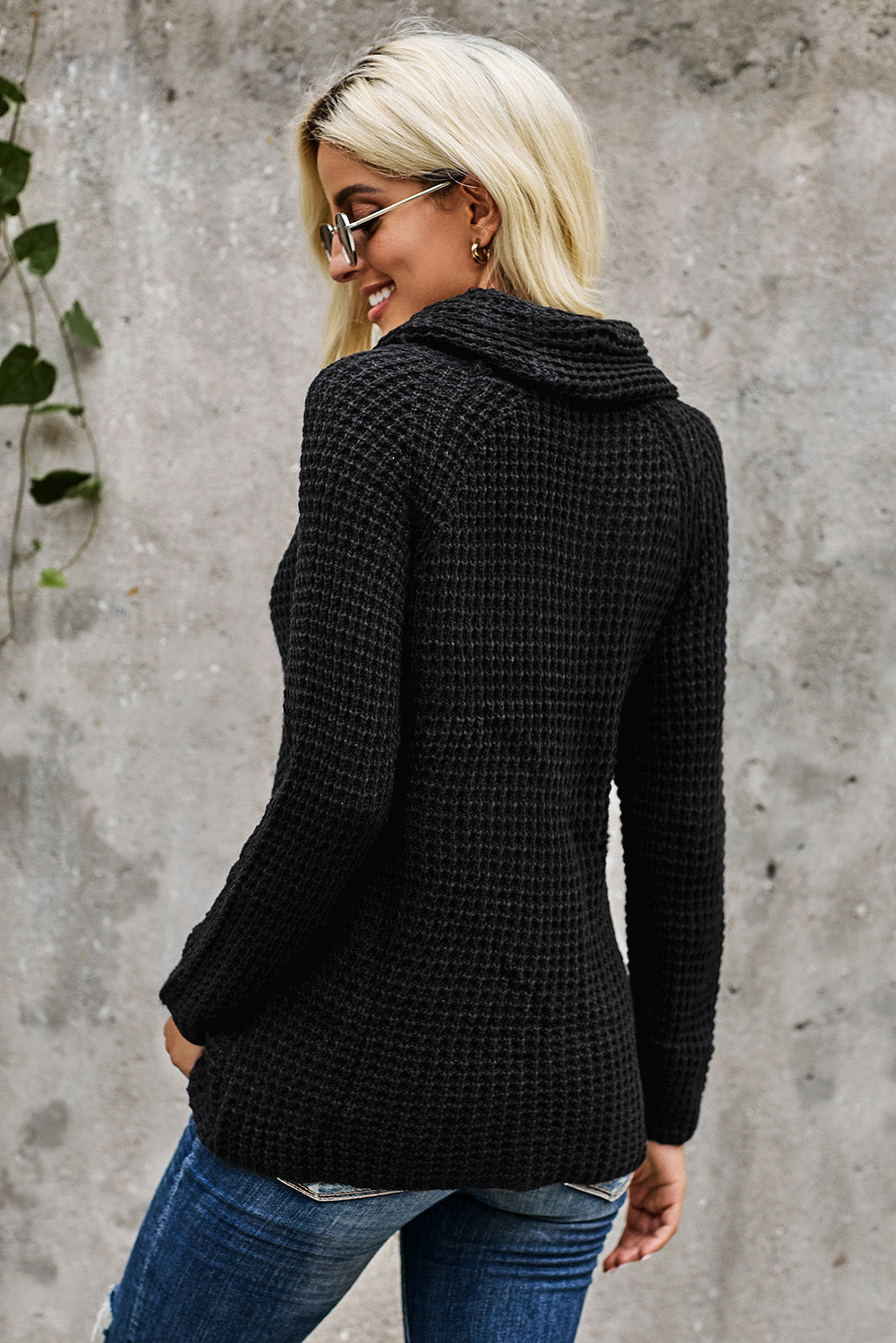 Women's Turtleneck Sweater with Black Button-Front Wrap