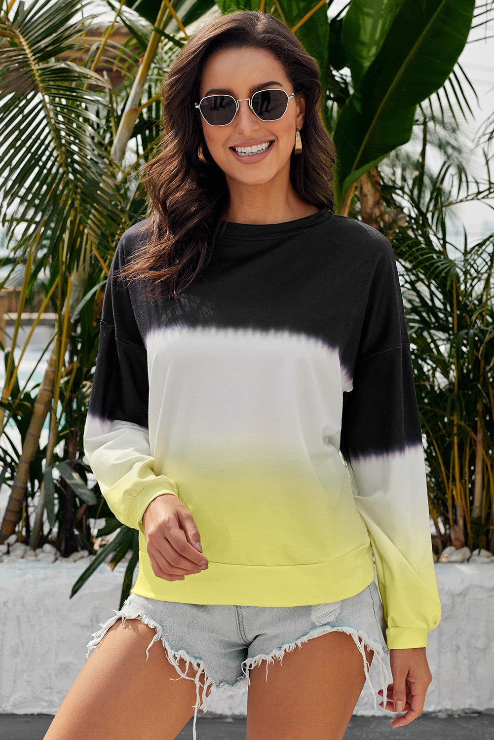 Pullover Sweatshirt for Women Black Color-Block Tie Dye