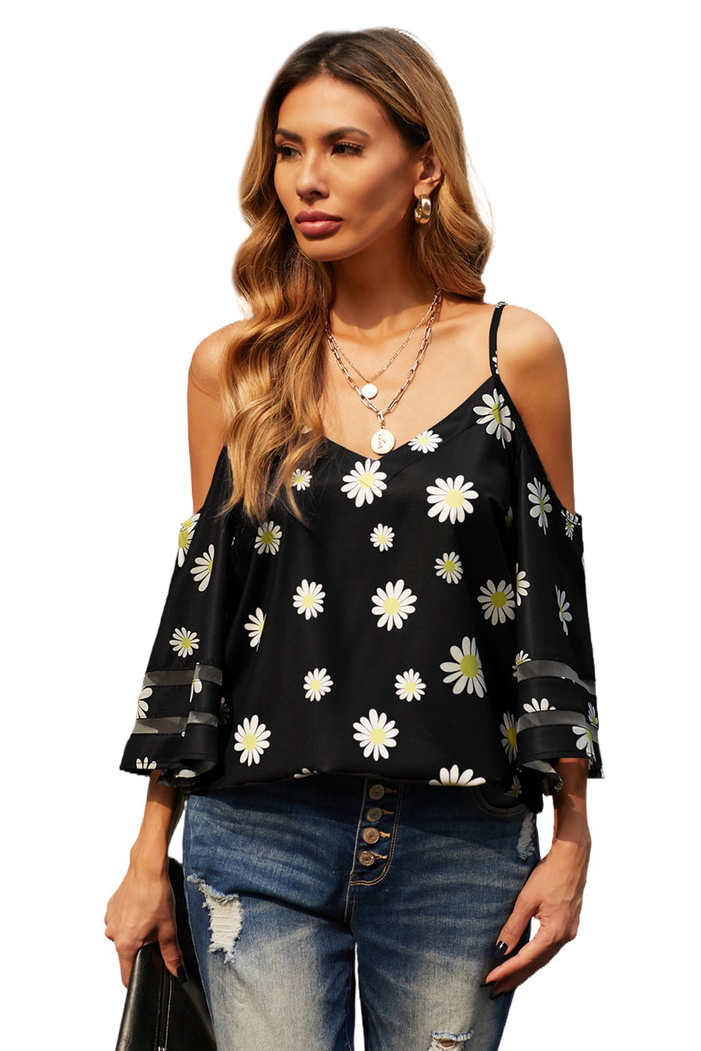 Women's Black Daisy Floral-Print Cold Shoulder Blouse