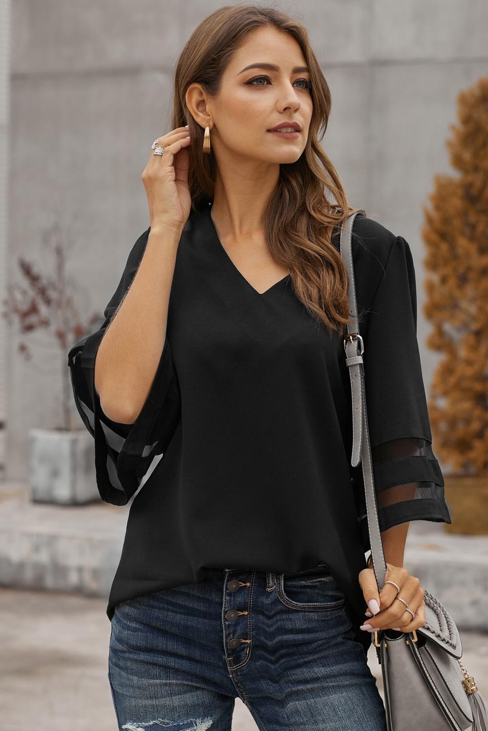 Women's Blouse with Loose Women's Chiffon Black Flare Sleeve V Neck