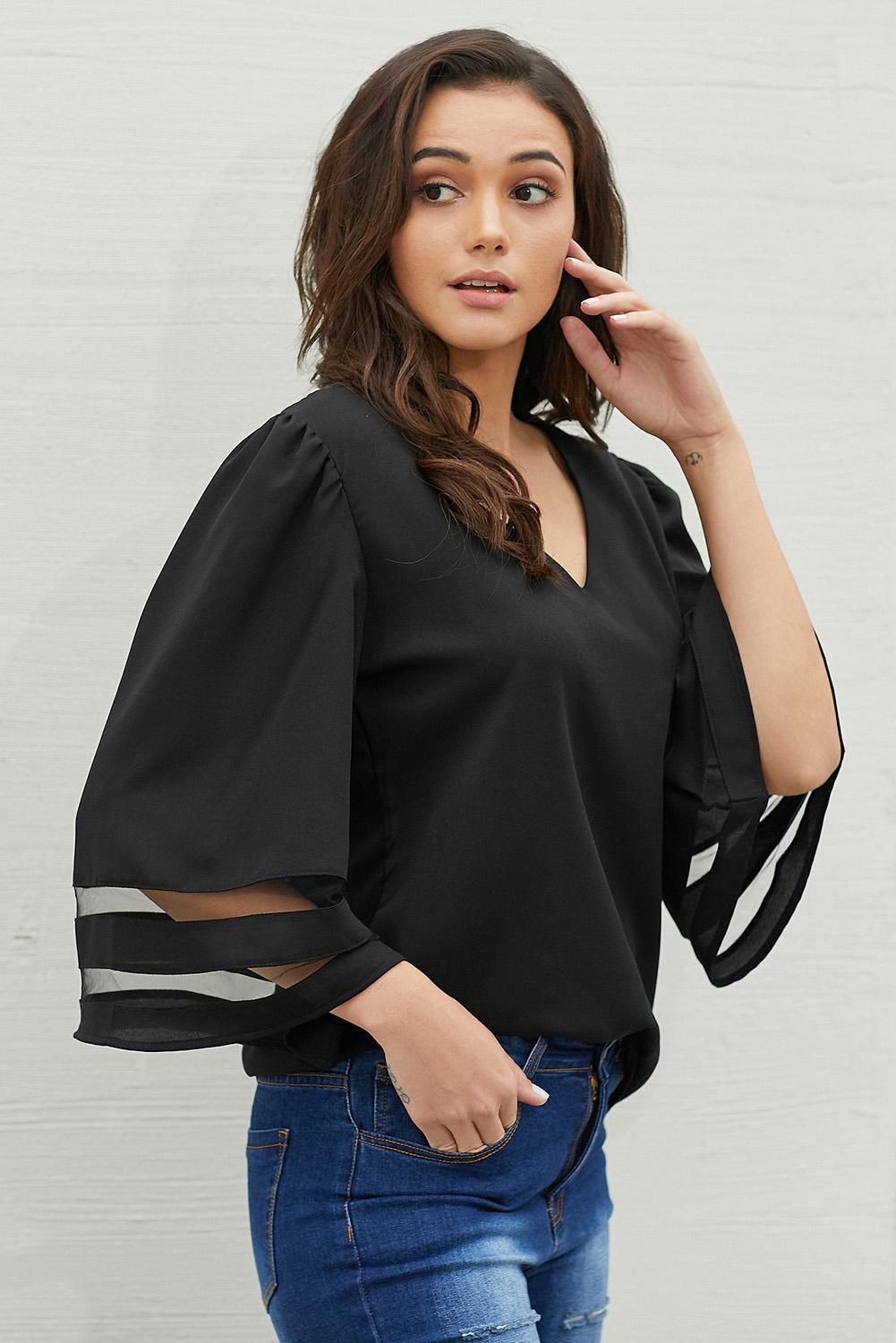 Women's Blouse with Loose Women's Chiffon Black Flare Sleeve V Neck