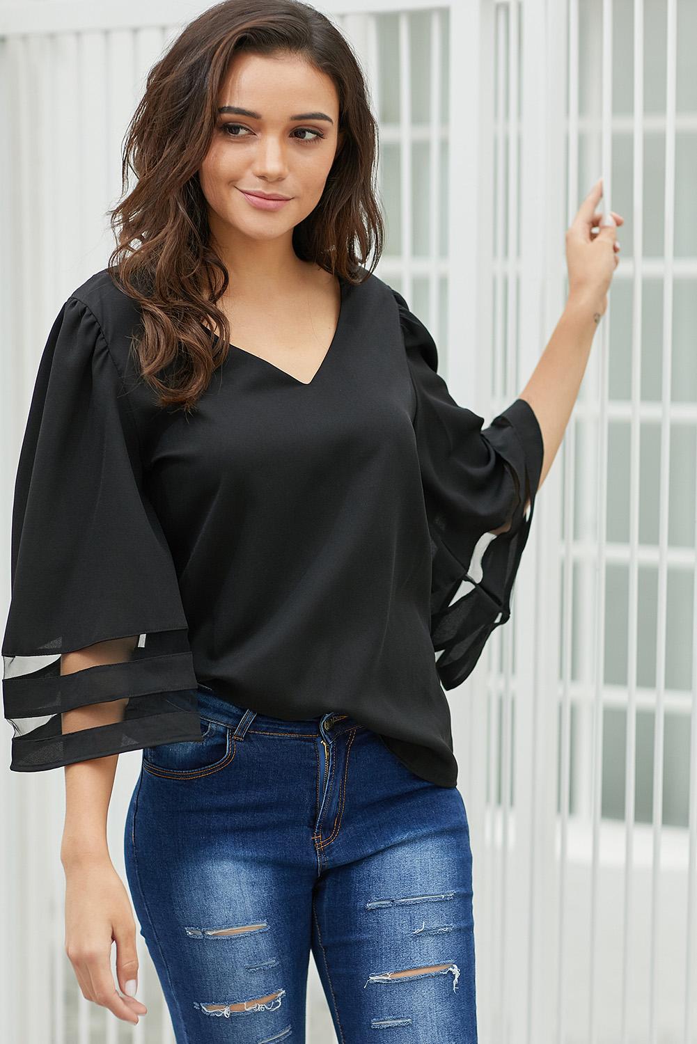 Women's Blouse with Loose Women's Chiffon Black Flare Sleeve V Neck