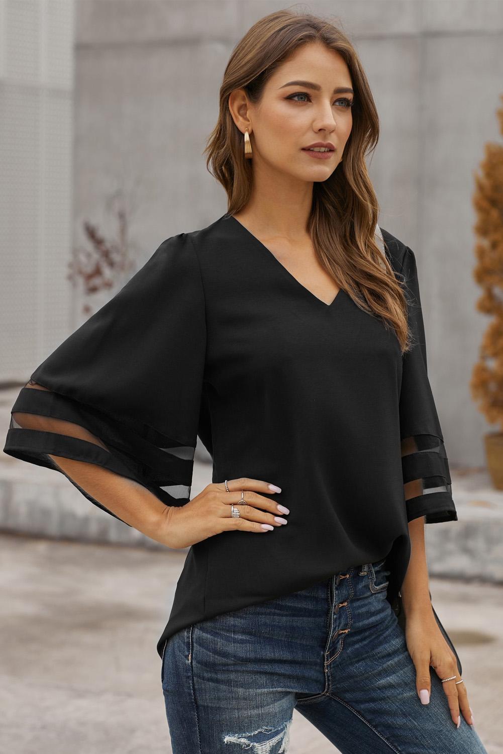 Women's Blouse with Loose Women's Chiffon Black Flare Sleeve V Neck