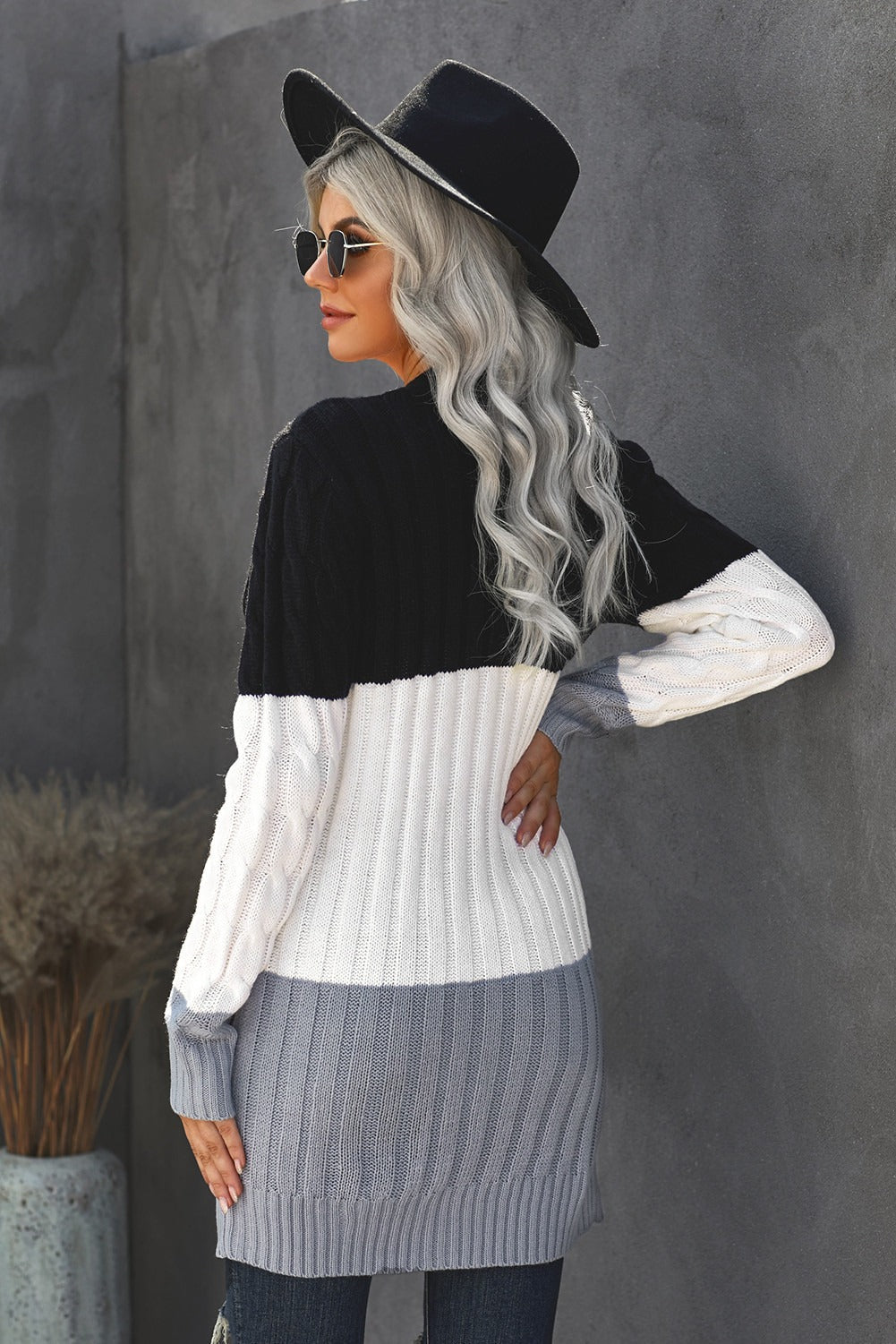 Women's Knit Cardigan with Button Pocket Black Gray Color-Block