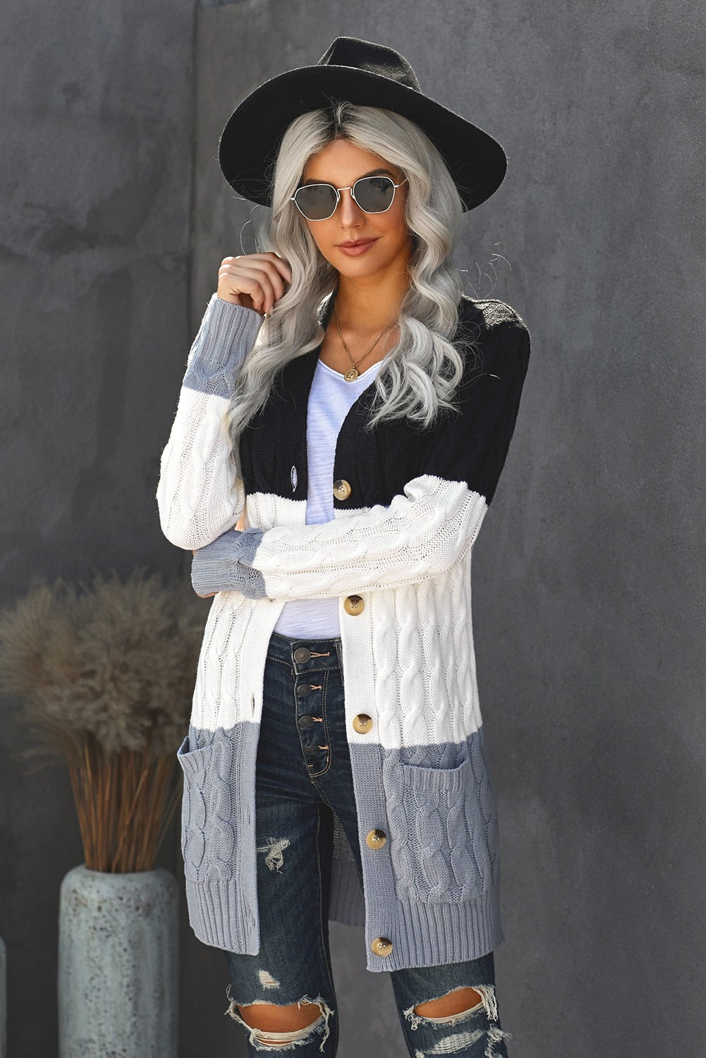 Women's Knit Cardigan with Button Pocket Black Gray Color-Block