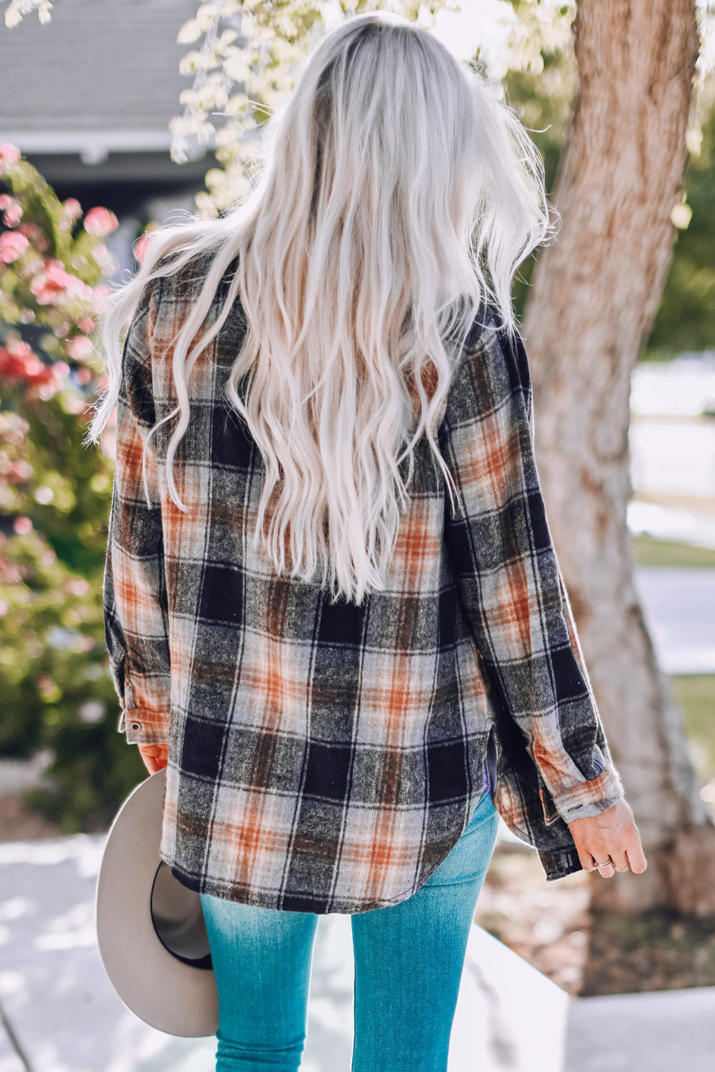 Shirt for Women Oversize Rounded Hem Slit Plaid