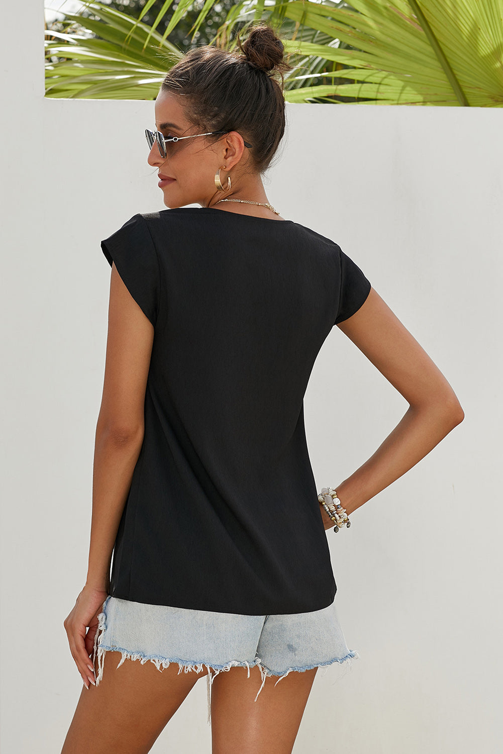 Women's Blouse Featuring Bohemian Printed Neck Shift Black Short-Sleeve