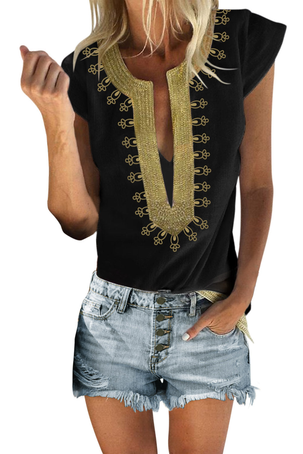 Women's Blouse Featuring Bohemian Printed Neck Shift Black Short-Sleeve
