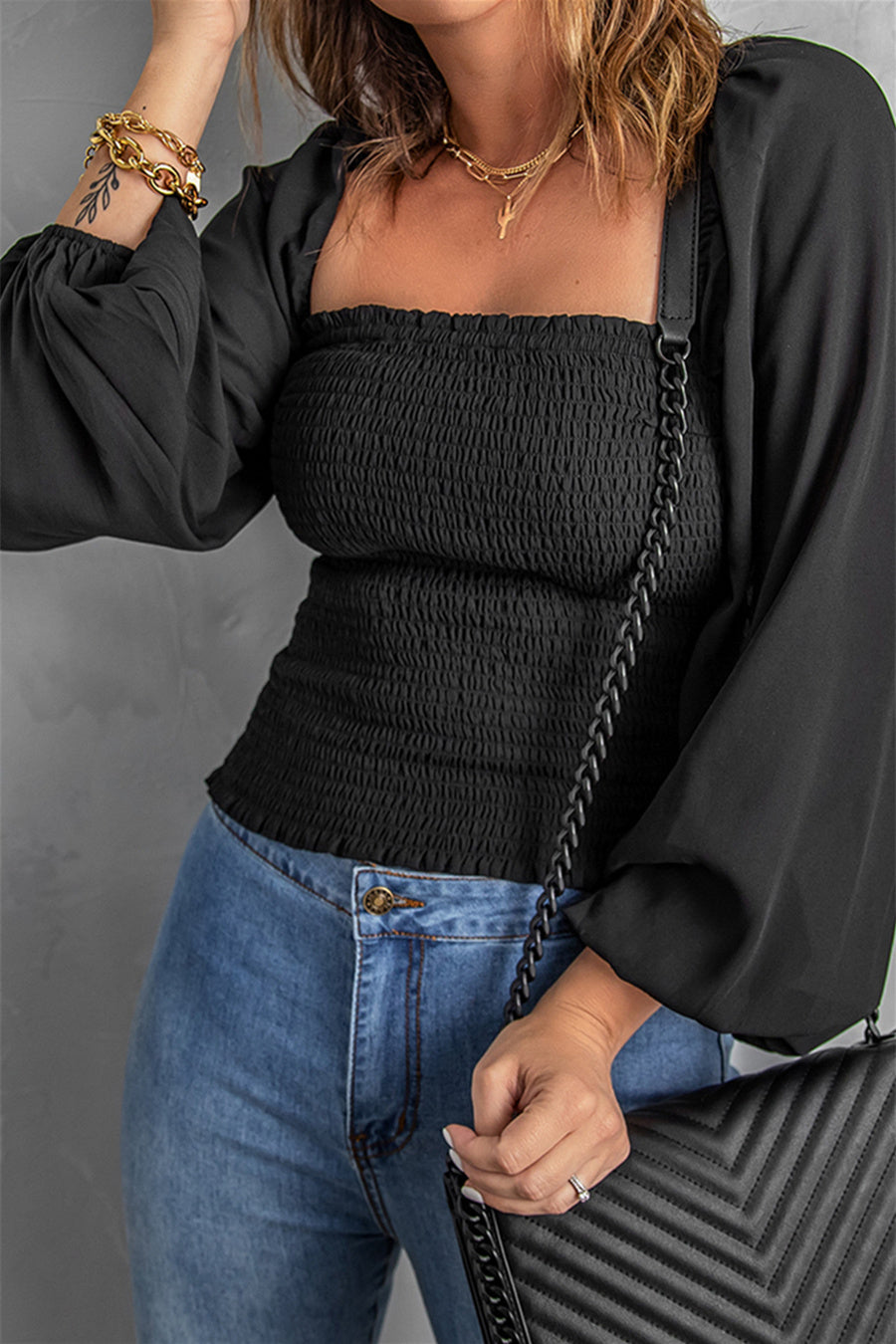 Women's Top with Black Balloon Sleeve Shirred