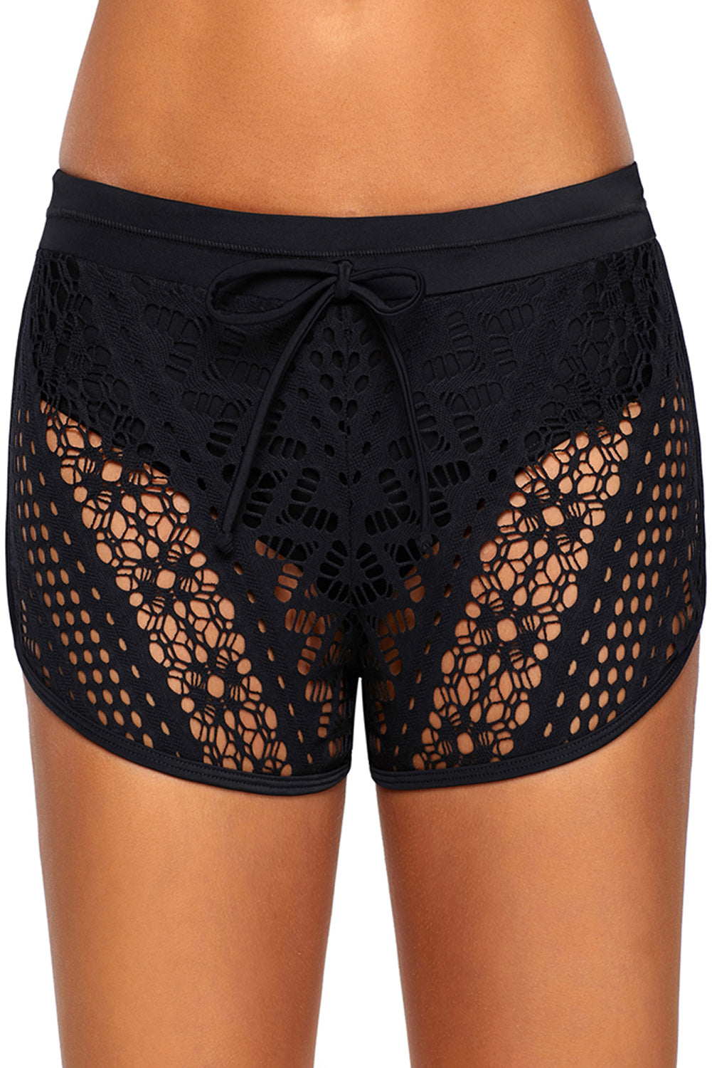 Bottom for Women Black Openwork Lace-Trimmed Overlay Swim Short