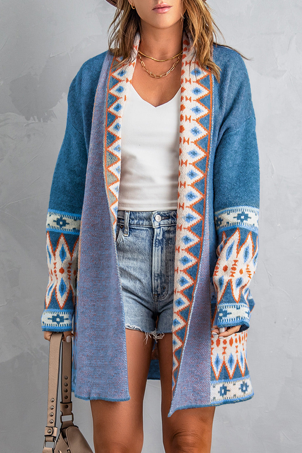 Women's Blue Aztec-Pattern Cardigan
