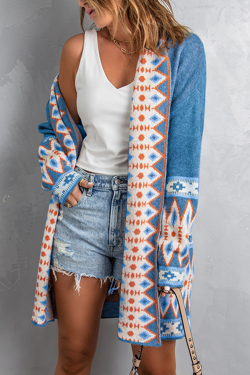 Women's Blue Aztec-Pattern Cardigan