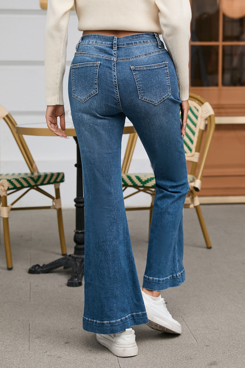 Women's Flare Jeans Featuring Seam Stitching Pocket Blue High-Rise