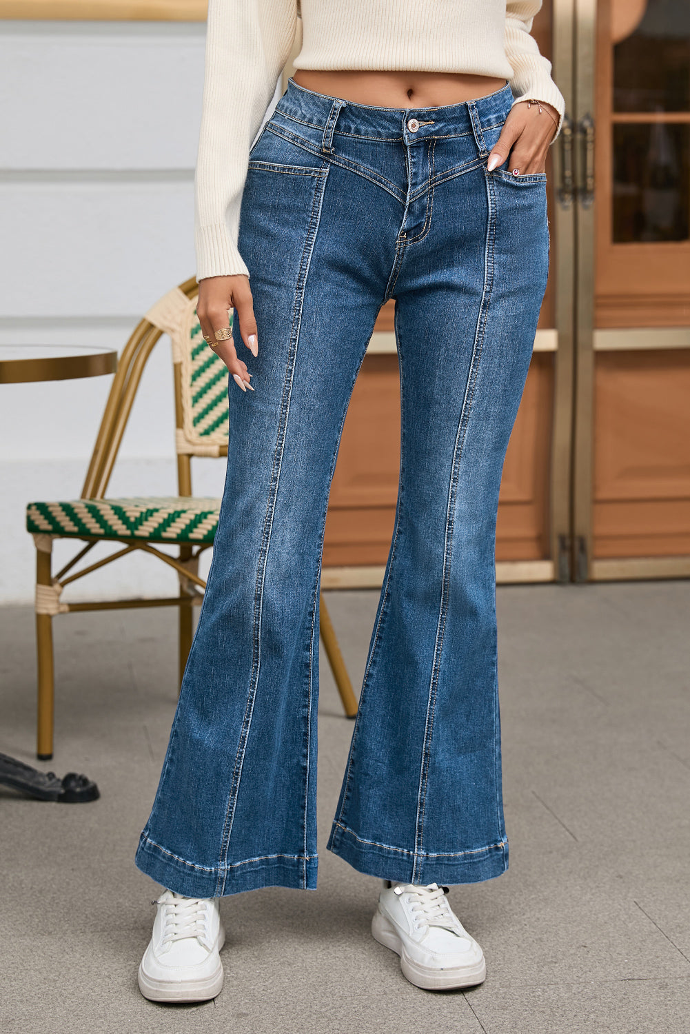 Women's Flare Jeans Featuring Seam Stitching Pocket Blue High-Rise