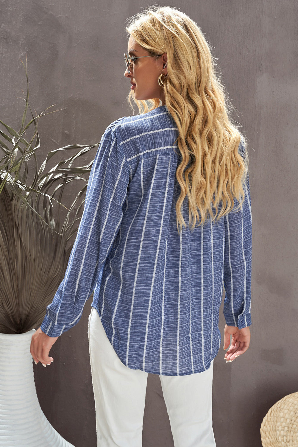Women's Blouse Featuring Blue Stripe Pocket Long-Sleeve Shirts