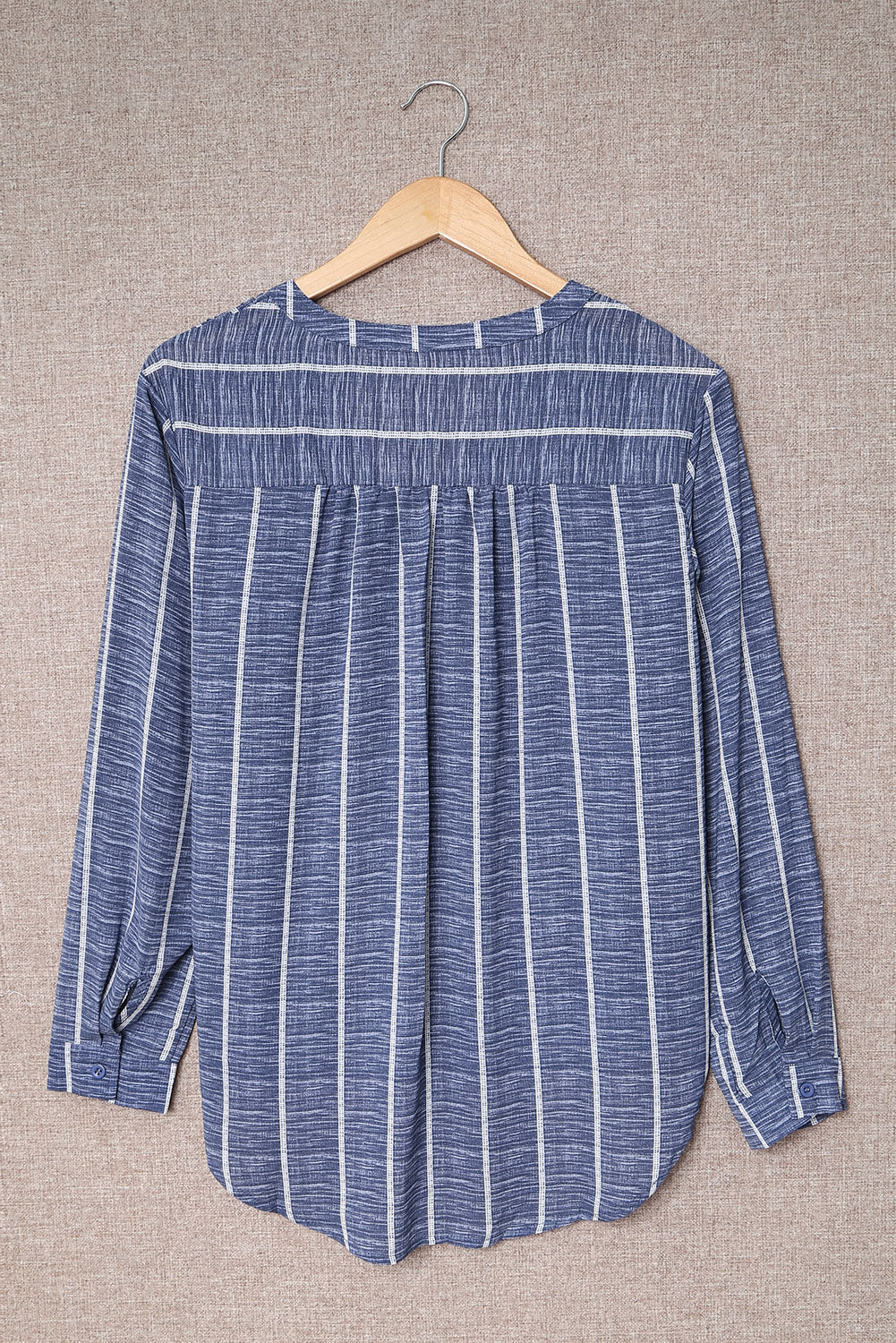 Women's Pocket Long-Sleeve Blue Striped V Neck Tops