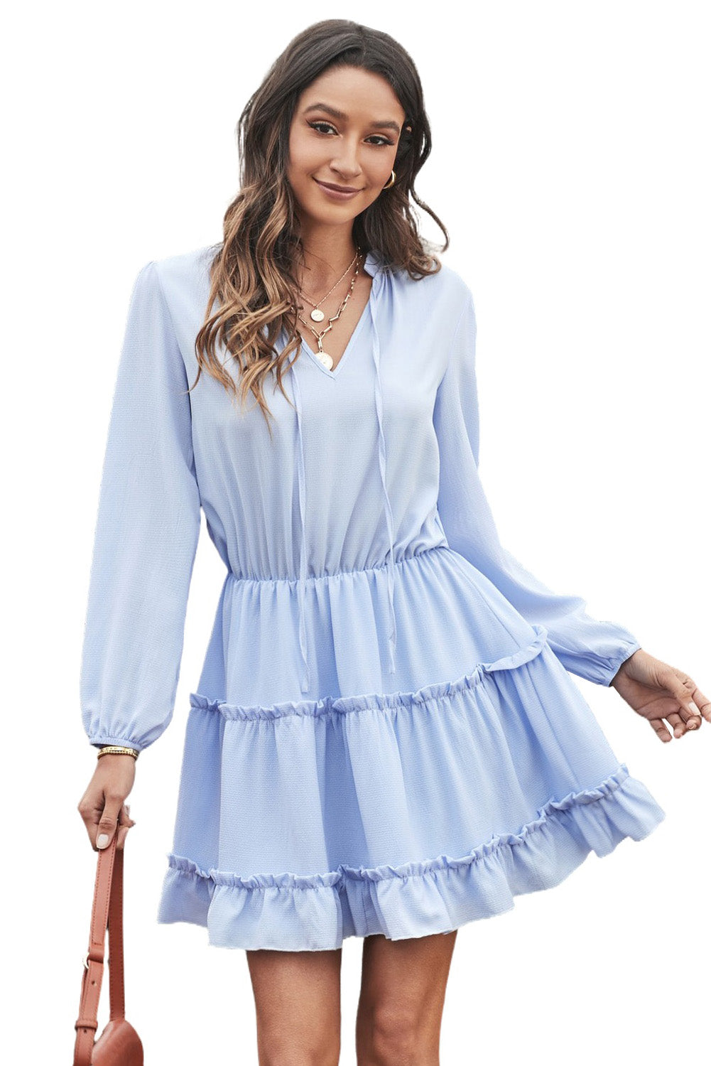 Women's Mini Dress with Blue V Neck Long-Sleeve Ruffle-Trimmed Layered