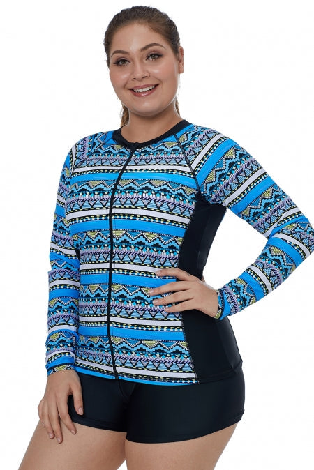 Women's Top Featuring Blue Tribal Geometry Front Zip Rashguard Swim