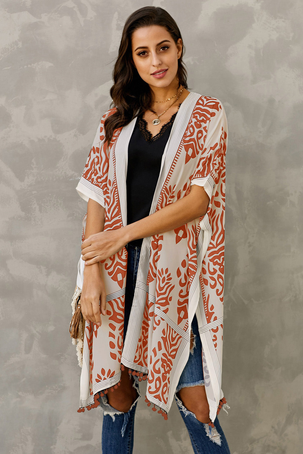Women's Kimono Featuring Bohemian Orange Prowess Pom Pom