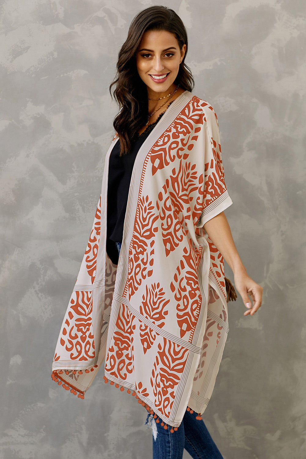 Women's Kimono Featuring Bohemian Orange Prowess Pom Pom