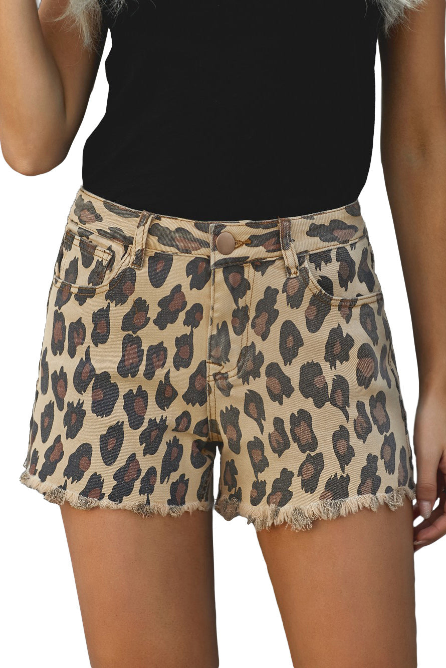 Women's Shorts with Brown Leopard-Print Mid Waist Frayed Hemline Jean