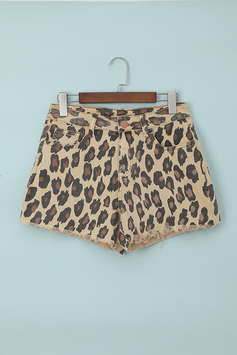 Women's Shorts with Brown Leopard-Print Mid Waist Frayed Hemline Jean
