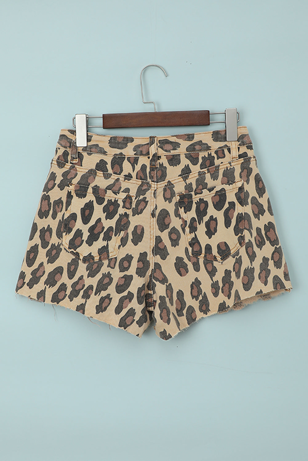 Women's Shorts with Brown Leopard-Print Mid Waist Frayed Hemline Jean