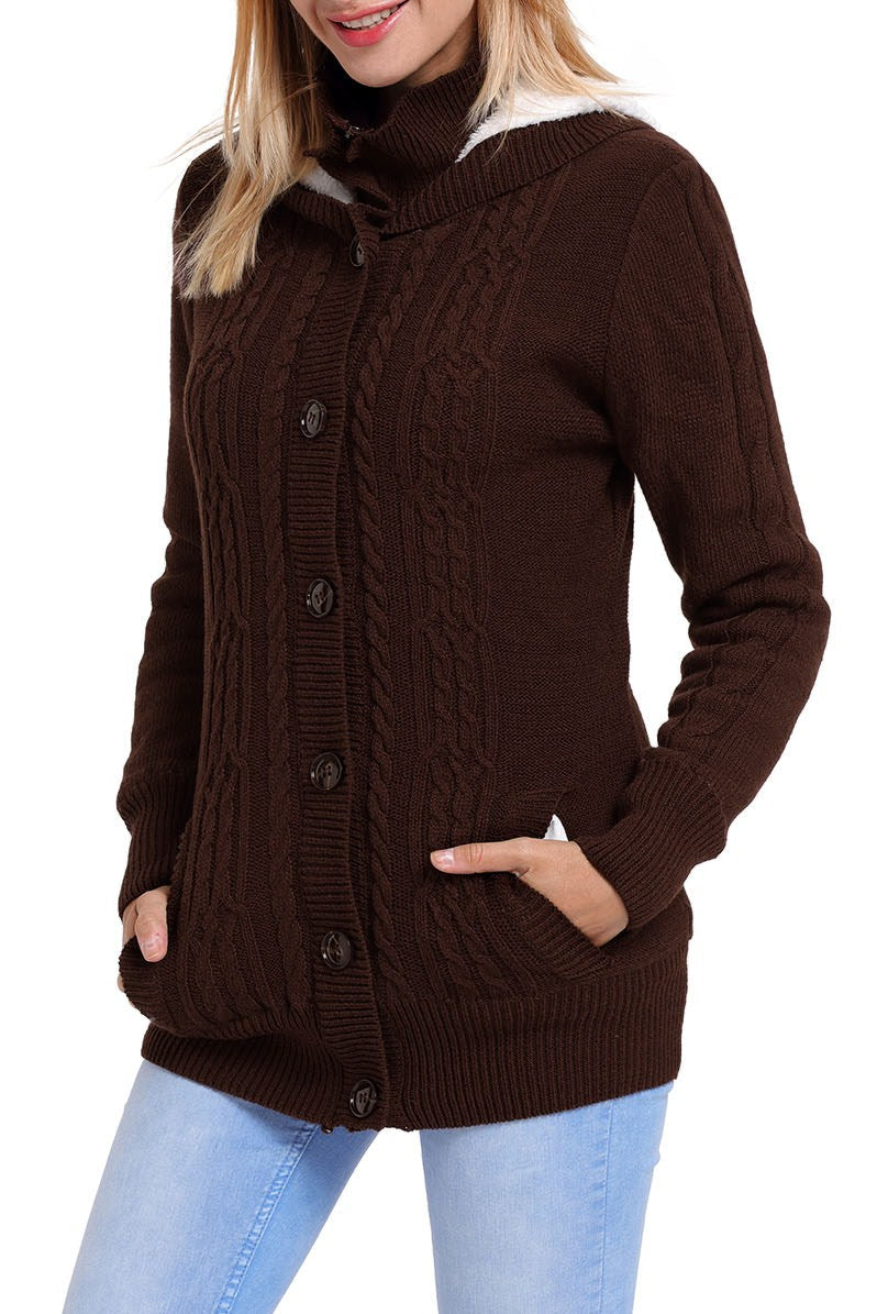Cardigans for Women Brown Long-Sleeve Button-Front Hooded Knitted