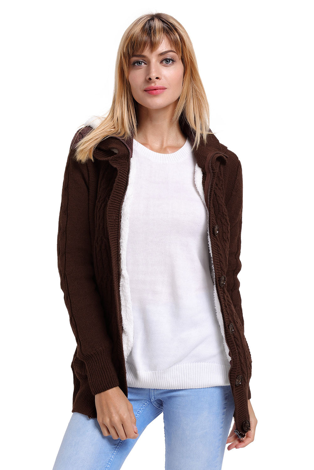 Cardigans for Women Brown Long-Sleeve Button-Front Hooded Knitted