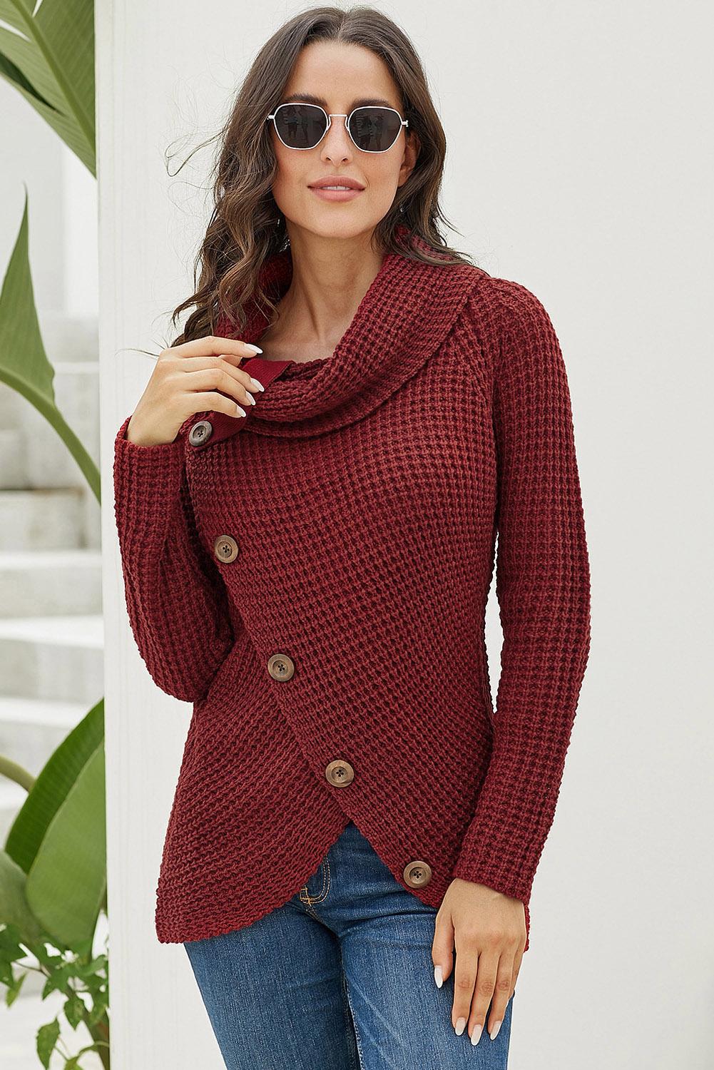 Women's Turtleneck Sweater with Wrap Burgundy Button-Front